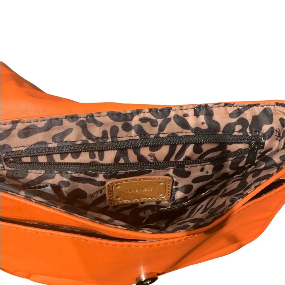 Nine West Crossbody Purse Leopard Print Lining Bright Orange Coral - Picture 8 of 15